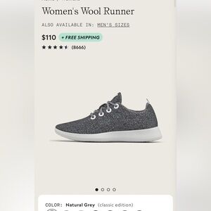 Allbirds Wool Runner Women's Sz 7M Natural Grey Superb Clean condition, No Box.